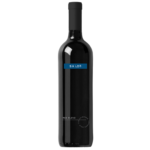 A bottle of SALDO RED BLEND on a gray background