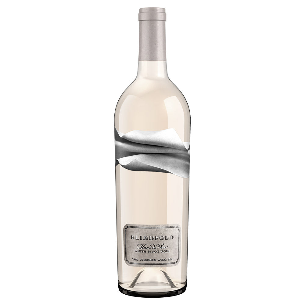 A bottle of Blindfold Winery White Pinot Noir wine, featuring a clear glass bottle with a silver foil capsule around the neck and a silver label on the front, set against a plain white background.