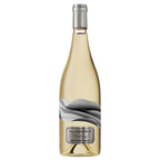 A bottle of Blindfold Chardonnay white wine, showing the pale golden liquid inside a clear glass bottle with a silver foil capsule and a gray and white wave graphic on the label.
