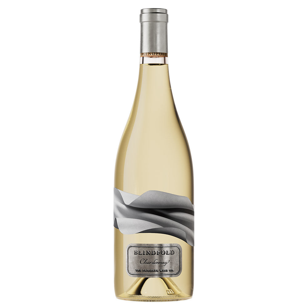 A bottle of Blindfold Chardonnay white wine, showing the pale golden liquid inside a clear glass bottle with a silver foil capsule and a gray and white wave graphic on the label.