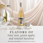 A bottle of Blindfold Chardonnay stands on a white marble pedestal with a wine glass and a second bottle pouring wine beside it. Large text below says 'Flavors of lime zest, green apple, and toasted hazelnut.'
