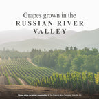 A scenic vineyard landscape with rows of grapevines in the Russian River Valley, misty mountains in the background, and large overlaid text reading 'Grapes grown in the RUSSIAN RIVER VALLEY.'