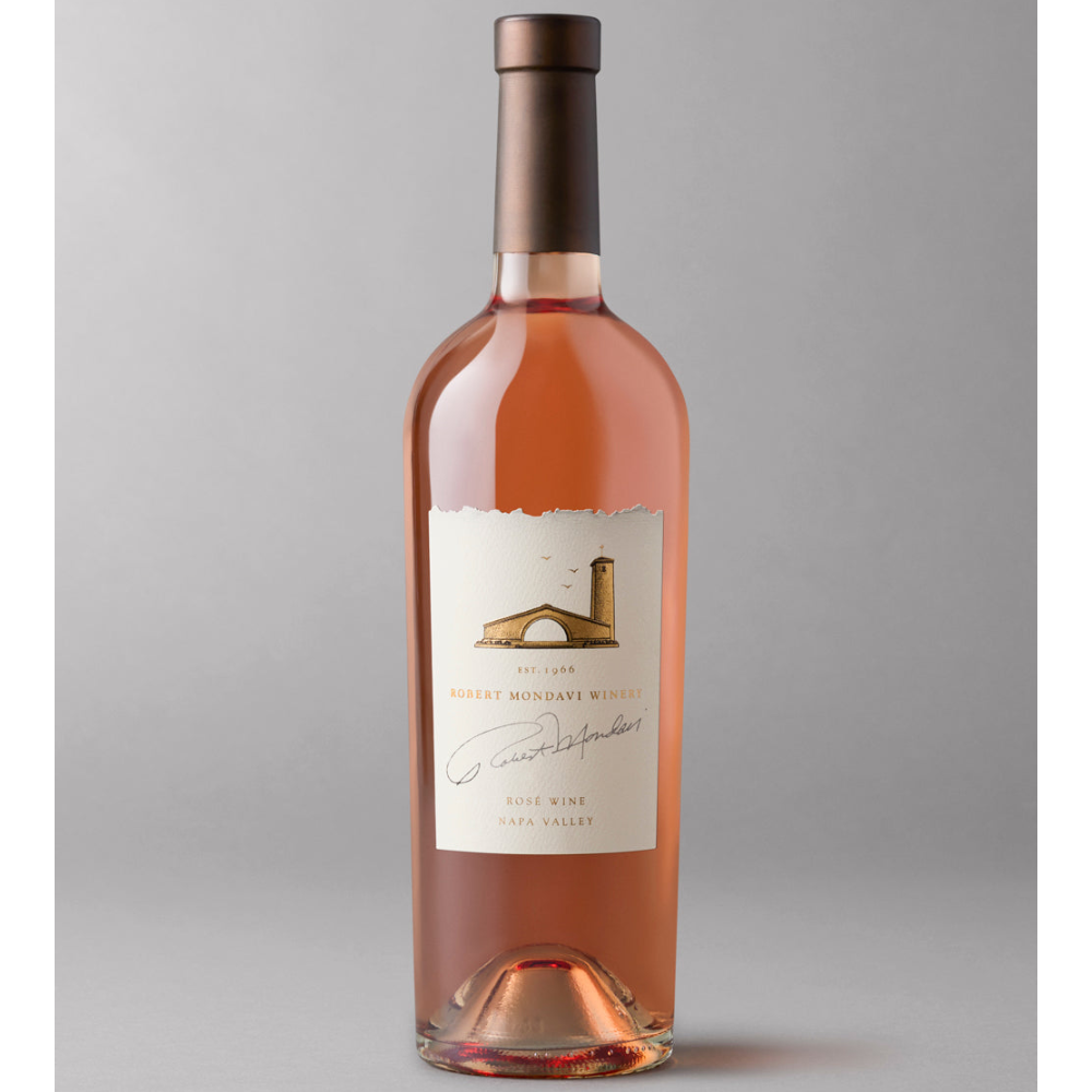 A bottle of Robert Mondavi Winery Napa Valley Rosé, showing the pinkish-rose liquid through a clear glass bottle set against a neutral gray background.