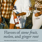 Three people outdoors holding wine glasses and a bottle of rosé wine, with a text banner at the bottom reading 'Flavors of stone fruit, melon, and ginger root' and small copyright text for Harvey and Harriet Wines.