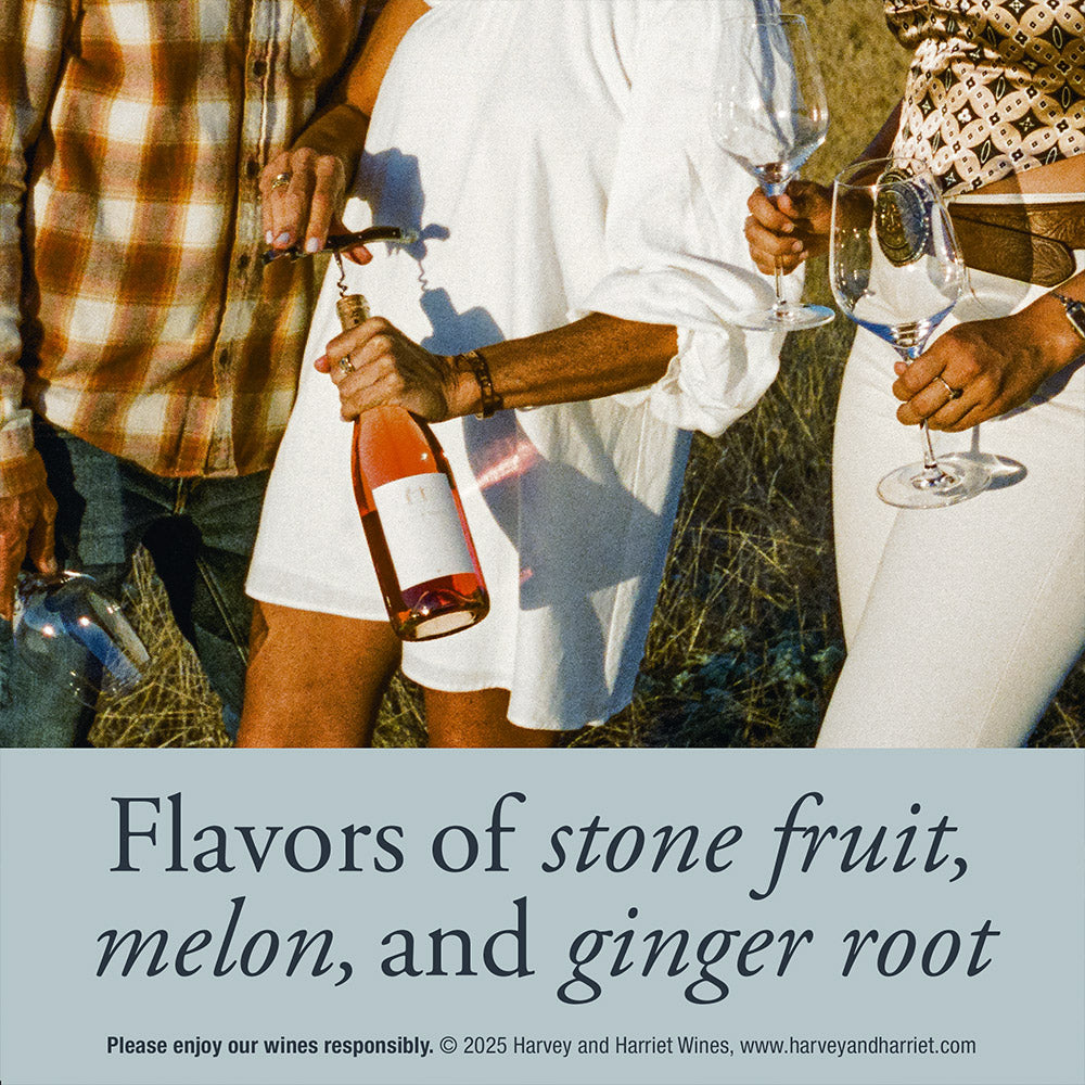 Three people outdoors holding wine glasses and a bottle of rosé wine, with a text banner at the bottom reading 'Flavors of stone fruit, melon, and ginger root' and small copyright text for Harvey and Harriet Wines.