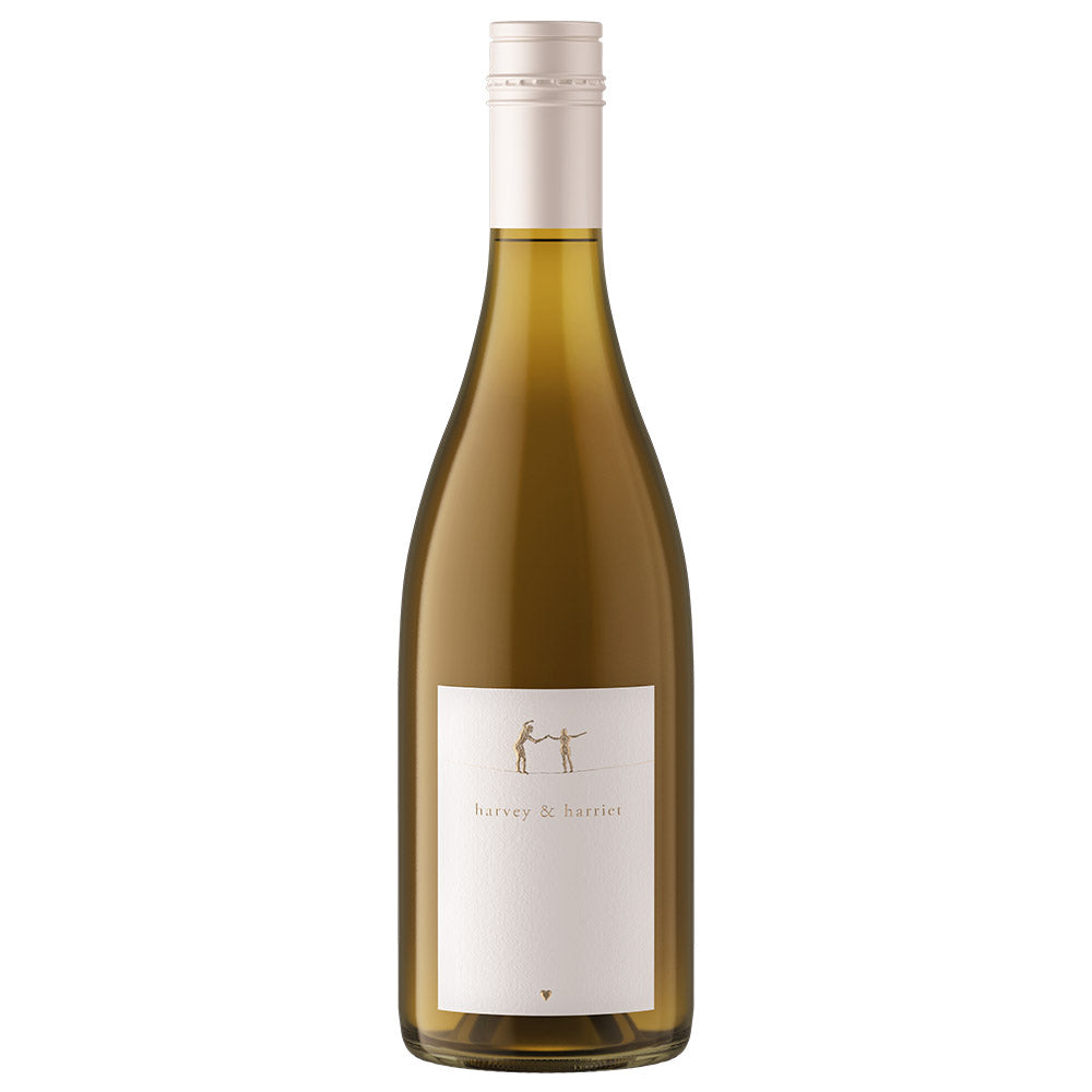 A bottle of Harvey & Bartes white wine with a white label and white cap, set against a plain white background.