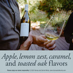 A person outdoors holds a bottle of Harvey and Harriet Wines next to a glass of white wine, with text overlay reading 'Apple, lemon zest, caramel, and toasted oak flavors'.