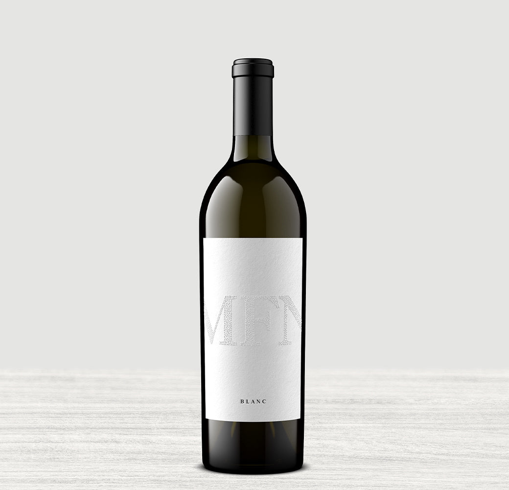 A bottle of 2020 My Favorite Neighbor Blanc Chardonnay San Luis Obispo County on a white background