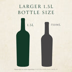 A size comparison graphic showing two wine bottle silhouettes on a light textured background. The left bottle is dark green and labeled '1.5L' the right is gray and labeled '750mL.'