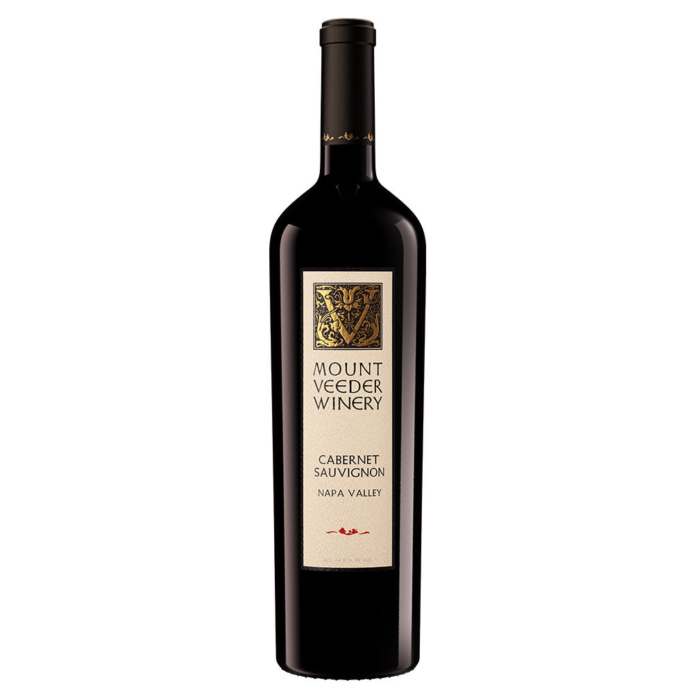 A bottle of Mount Veeder Winery Cabernet Sauvignon Napa Valley red wine, featuring a dark glass bottle with a cream-colored label and a black capsule, set against a plain white background.