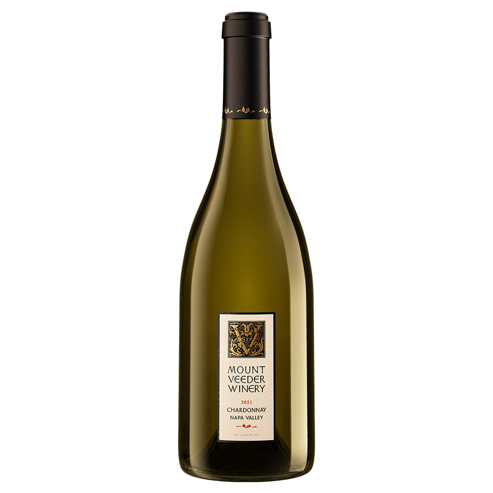 A bottle of Mount Veeder Winery 2021 Chardonnay from Oak Valley, featuring a dark green glass bottle with a black capsule and a cream-colored label.