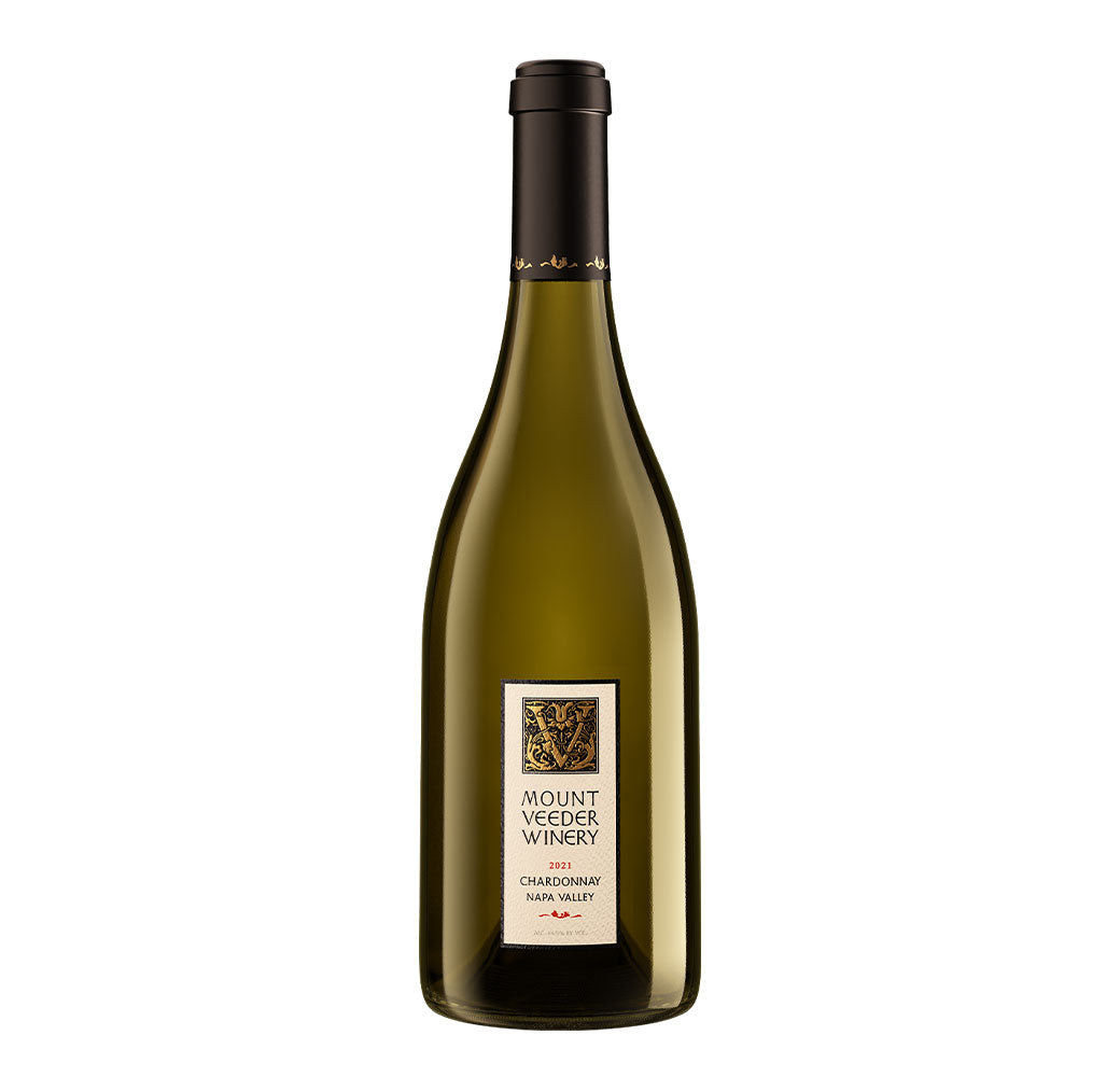 A bottle of 2021 Mount Veeder Winery Chardonnay Napa Valley on a white background