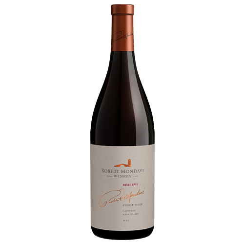 A bottle of 2017 Robert Mondavi Winery Reserve Pinot Noir Carneros Napa Valley on a white background