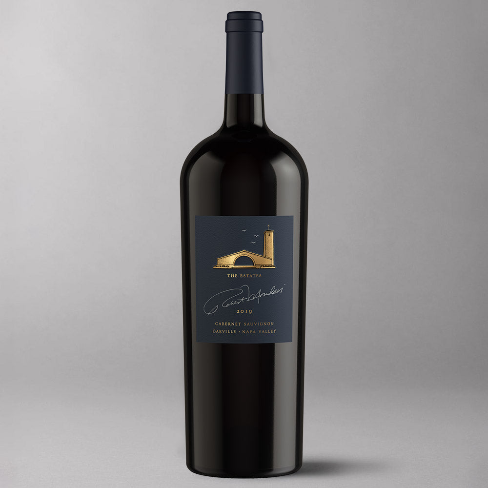A bottle of 2019 Robert Mondavi Winery Cabernet Sauvignon Napa Valley 1.5L on a gray background