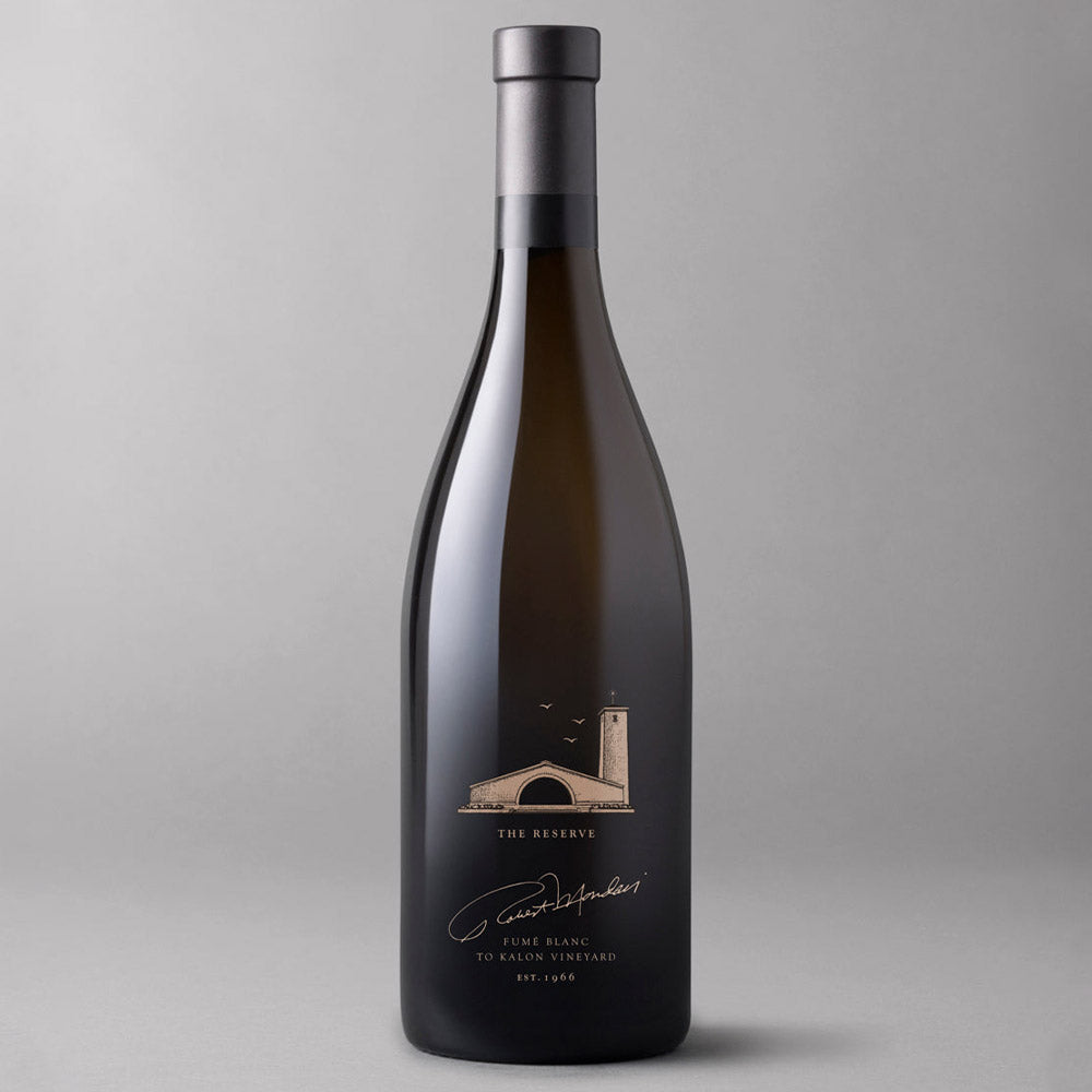 Bottle of Robert Mondavi Reserve Fume Blanc To Kalon Vineyard on a light grey background