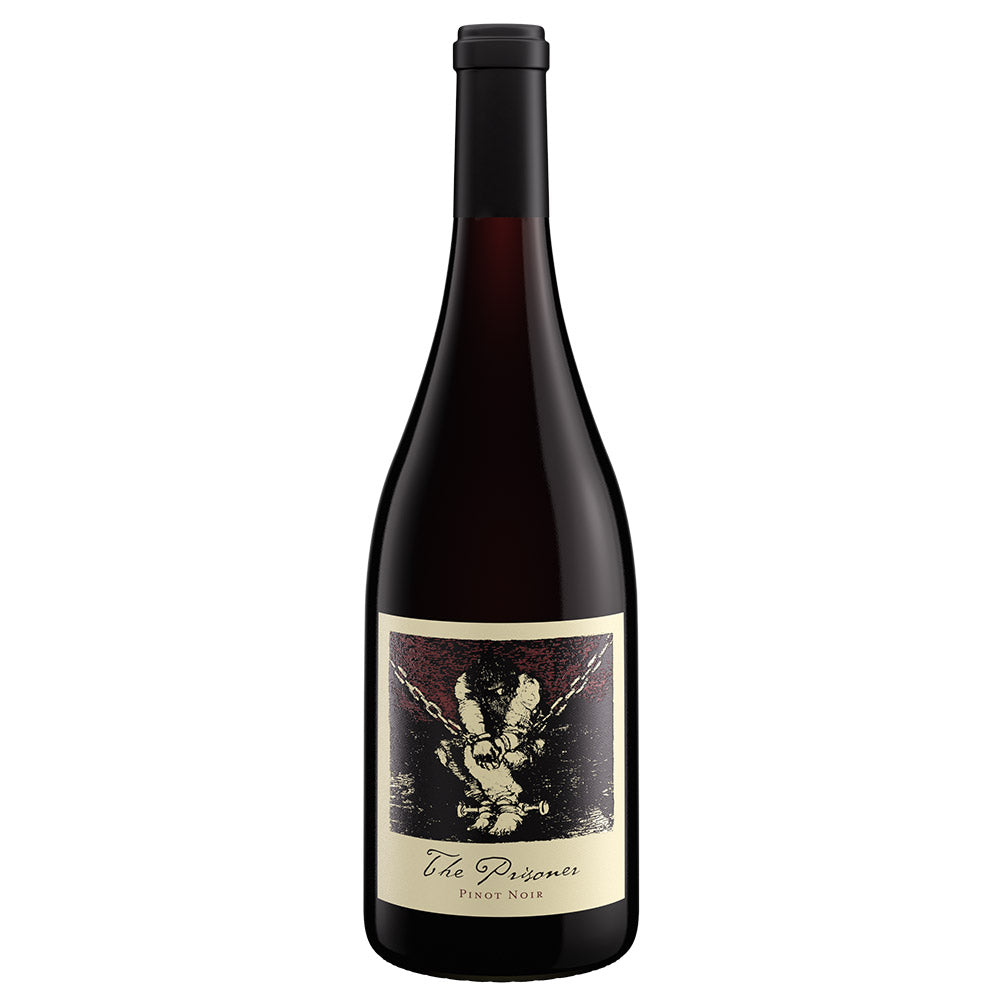 A bottle of The Prisoner Pinot Noir red wine, featuring a dark glass bottle with a black cap and a cream-colored label with a dark, textured graphic.