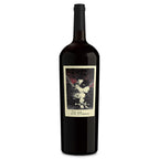 A bottle of The Prisoner Red Blend 1.5L Magnum with a dark glass body, black neck foil, and a cream-colored label featuring a black and red artistic illustration 
