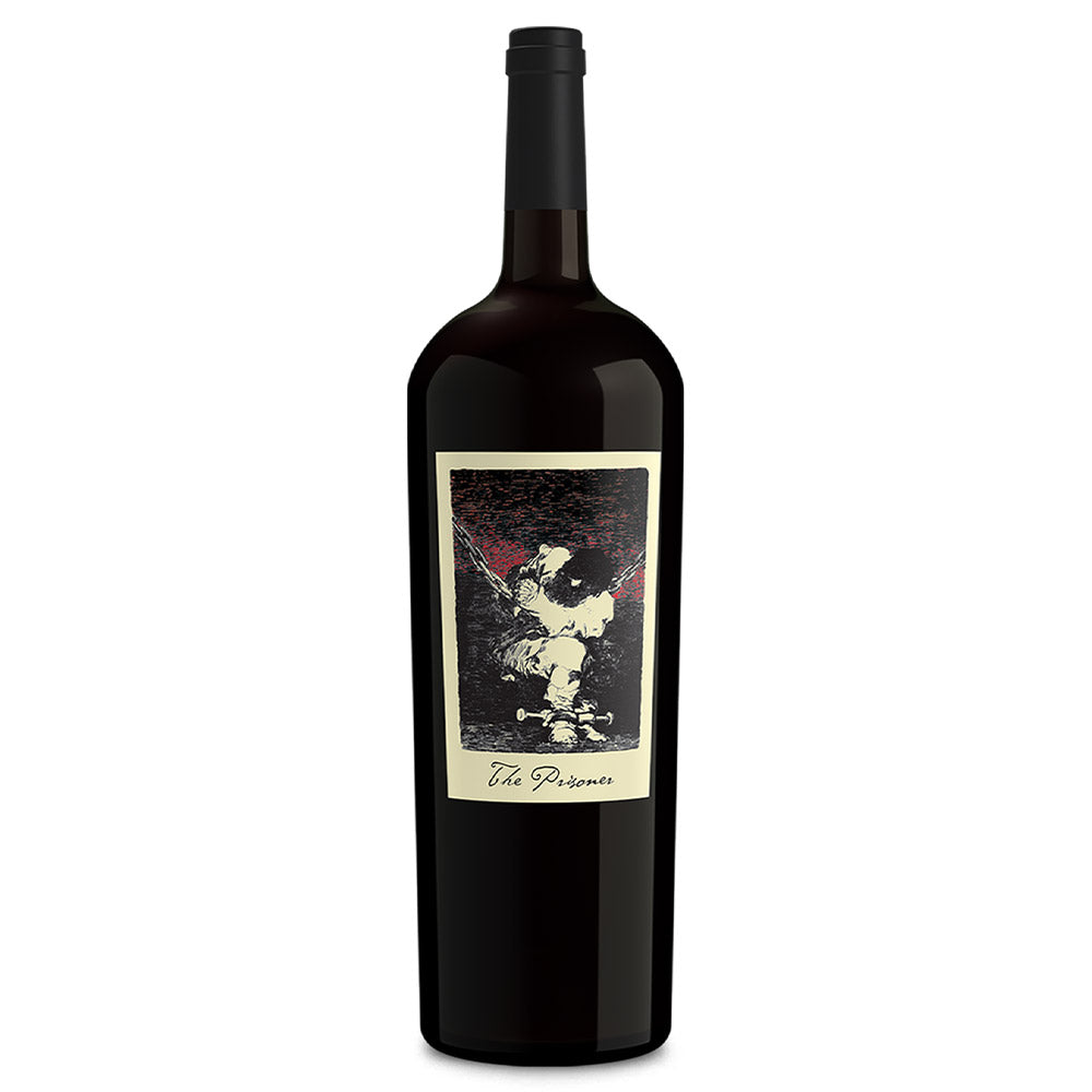 A bottle of The Prisoner Red Blend 1.5L Magnum with a dark glass body, black neck foil, and a cream-colored label featuring a black and red artistic illustration 