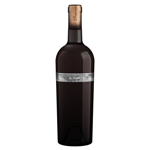 Wine bottle with a silver label on a white background