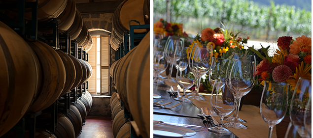 Left image: a row of oak wine barrels. Right image: a table is set for a wine dinner