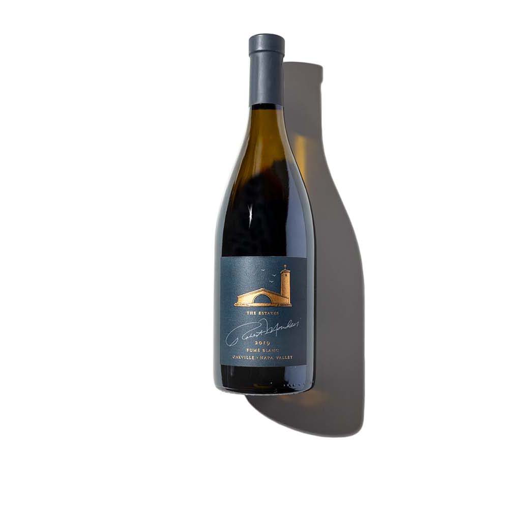 A bottle of 2019 Robert Mondavi Winery The Estates Fumé Blanc Oakville on a white background