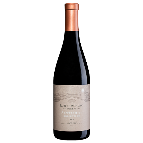 A bottle of 2017 Robert Mondavi Winery PNX Pinot Noir Carneros Napa Valley on a white background.