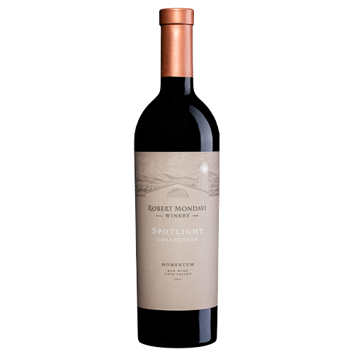 A bottle of 2015 Robert Mondavi Winery Momentum Red Wine Napa Valley on a white background.