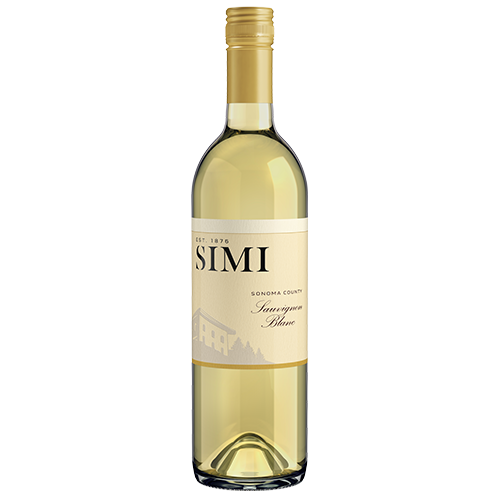 A bottle of 2020 SIMI Sauvignon Blanc Sonoma County on a white background.