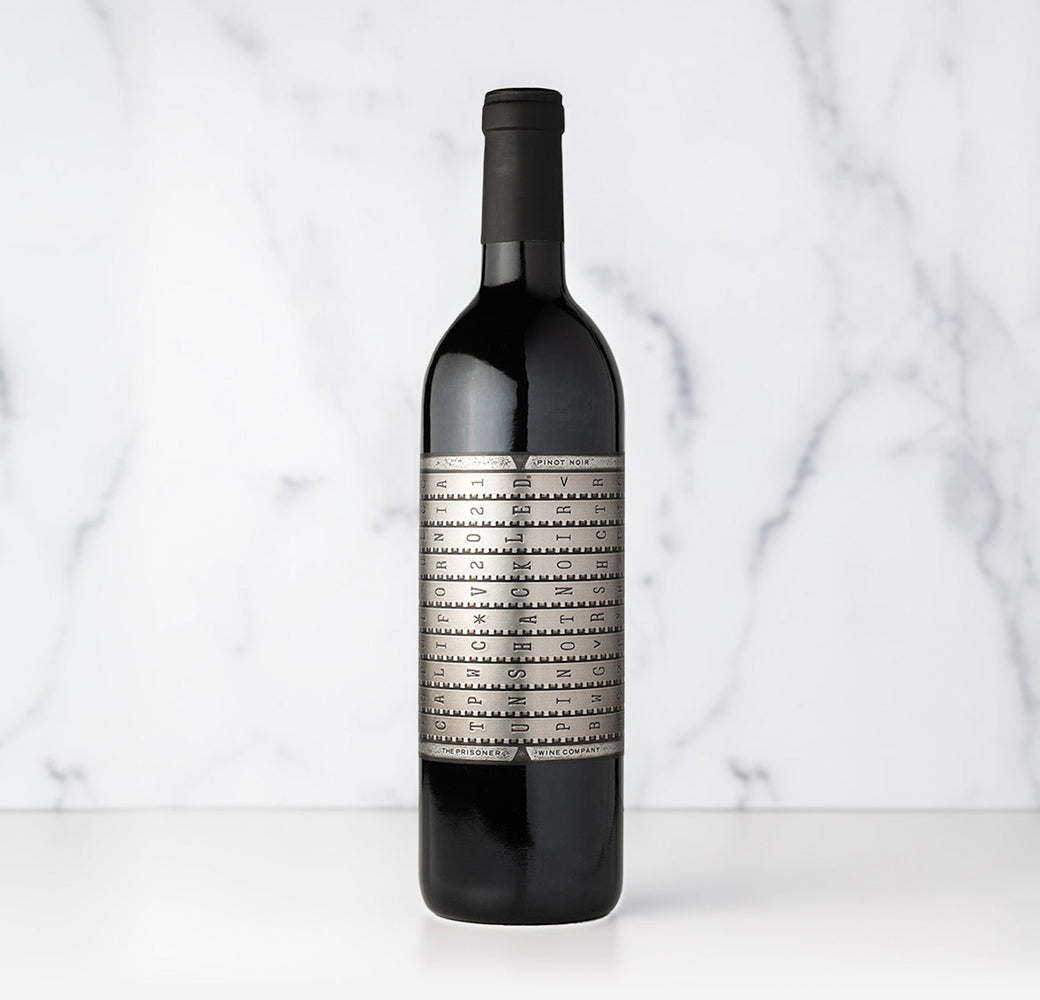 A bottle of 2021 Unshackled Pinot Noir California on a white background